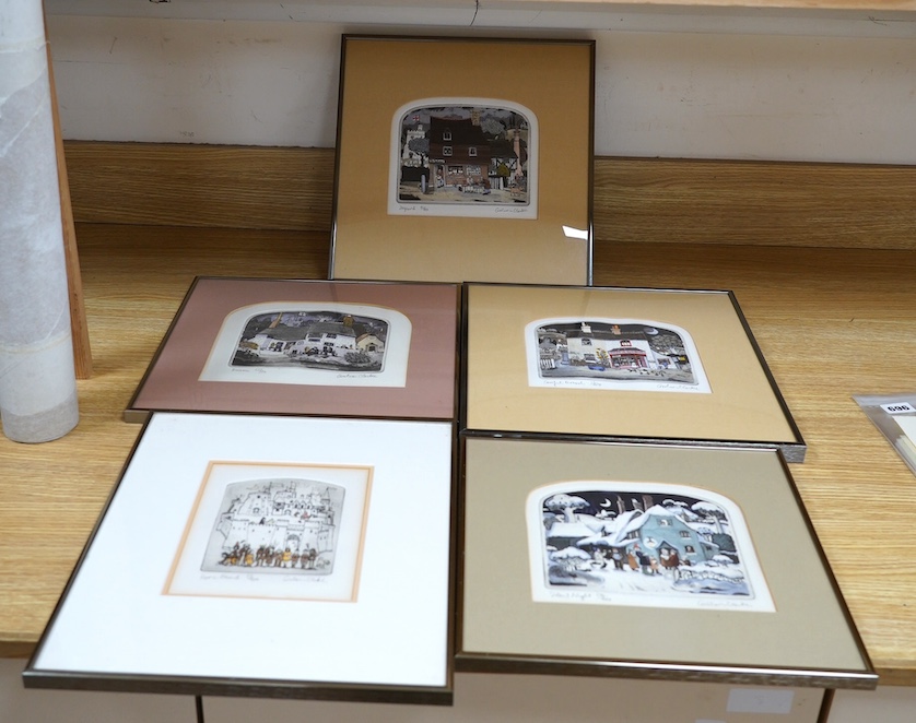 Graham Clarke (British 1941-), five limited edition hand coloured etchings, ‘Breeze’ 225/500, ‘Dogeared’ 21/400, ‘Careful Perusal’ 17/400, ‘Home Guard’ 72/400 and ‘Silent Night’ 136/400, all signed, titled and numbered i